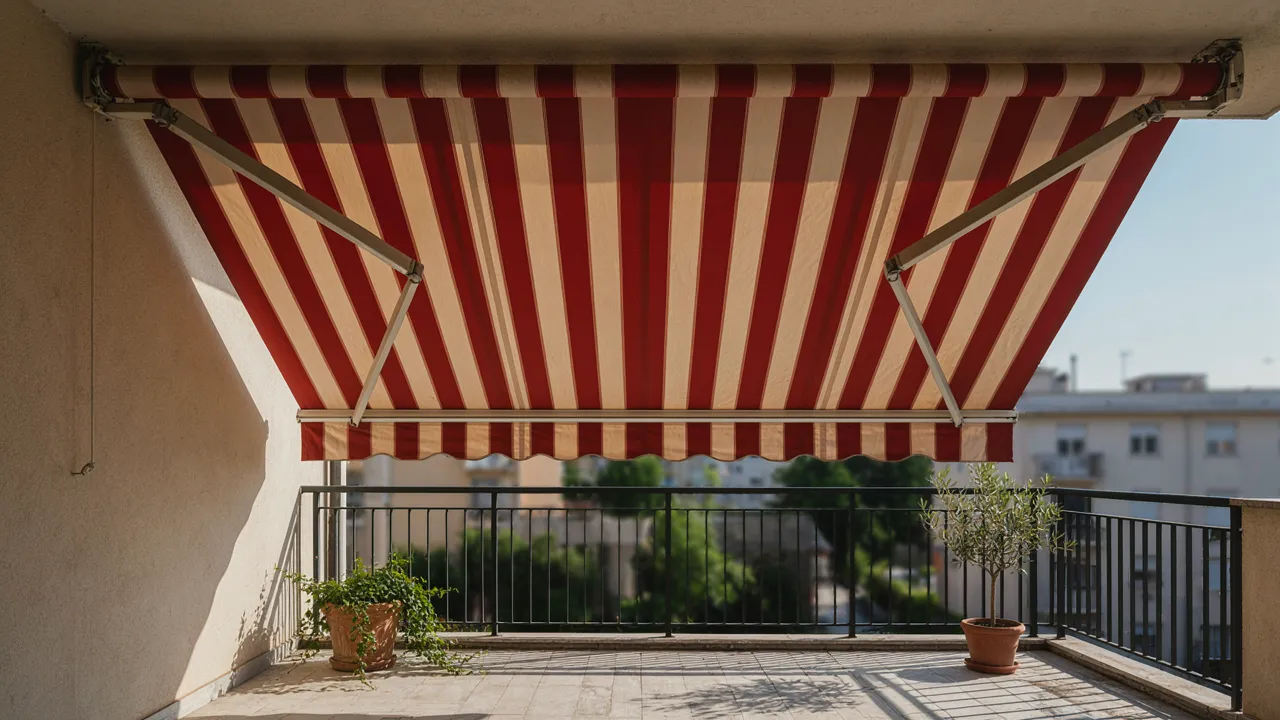 Toldo sin cofre con lona a rayas en un balcón