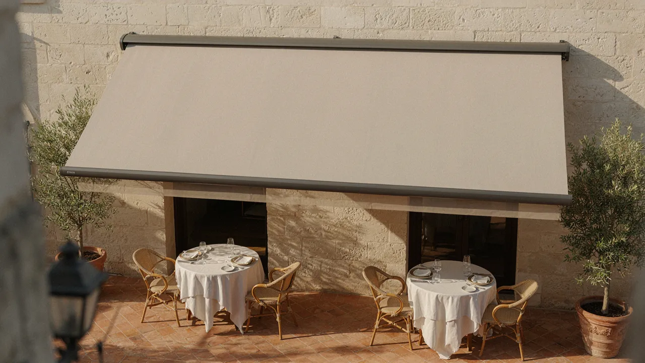Toldo con cofre en terraza de restaurante