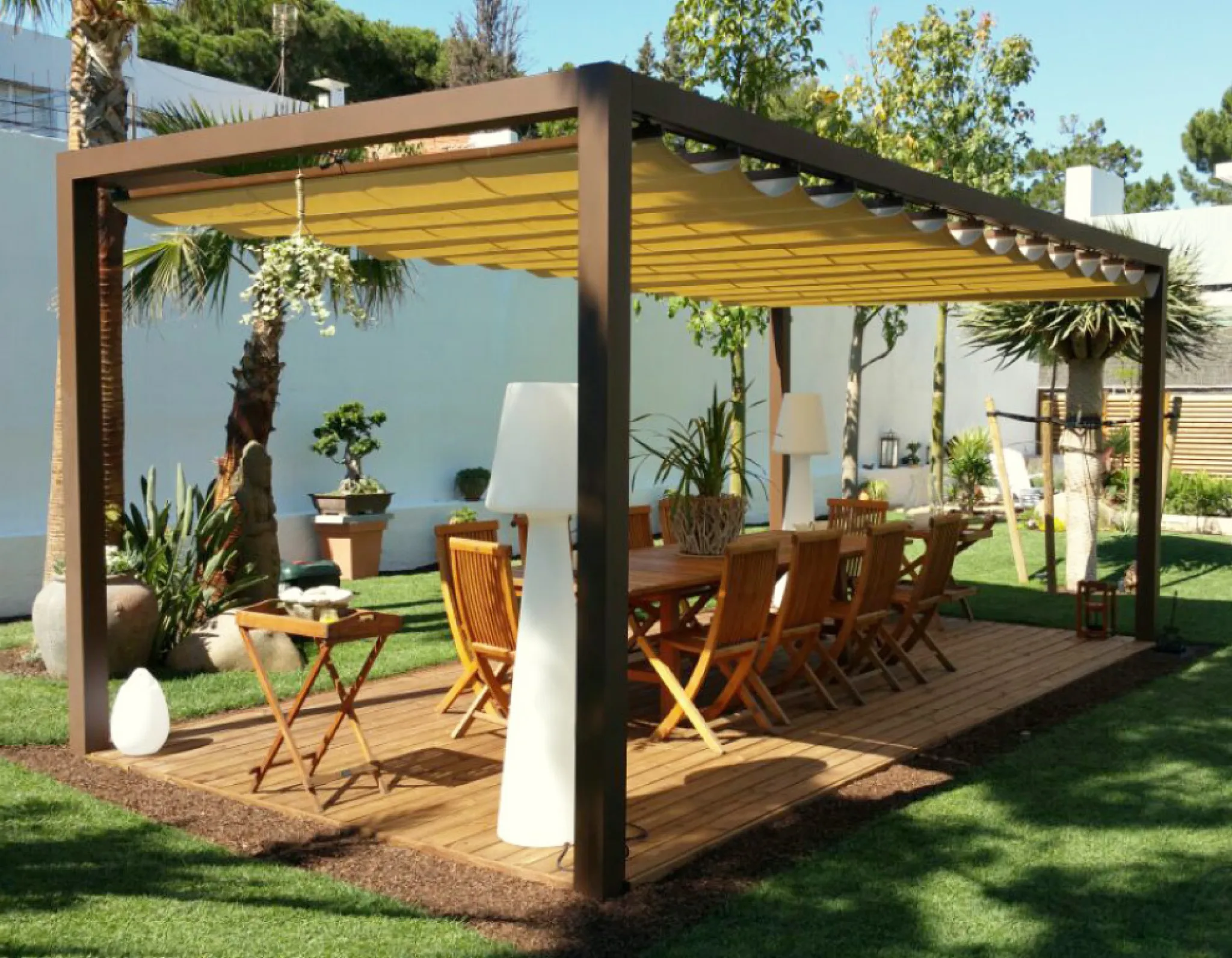 Tensioned fabric pergolas