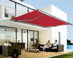 Awning ma5010 red with platform in garden with furniture