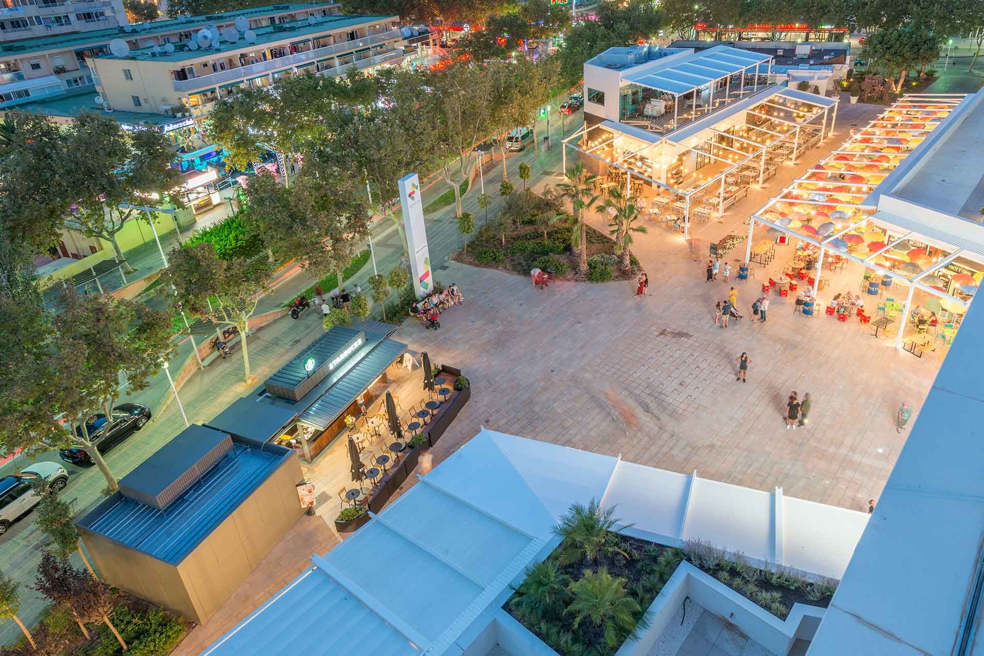 Aerial view of the shopping center pergolas